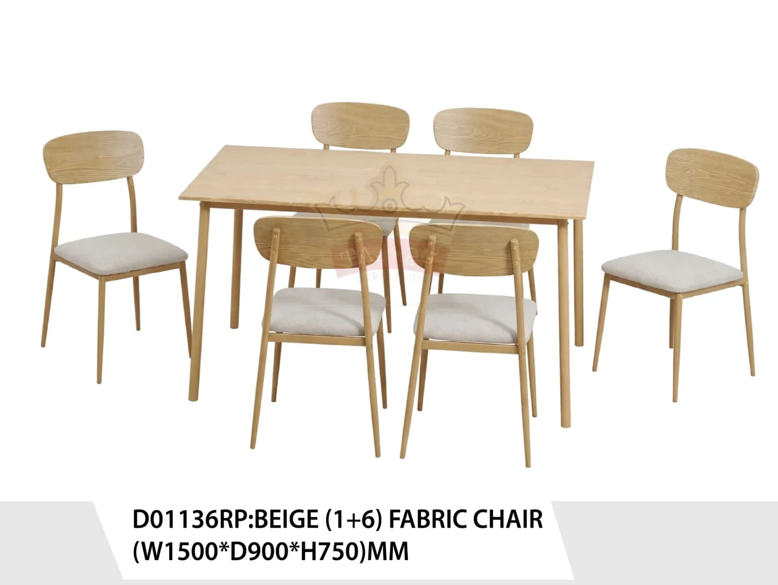 This Japandi-inspired 7-piece dining set includes a clean-lined rectangular wooden dining table paired with six matching minimalist chairs, showcasing a light, bright, and organic minimalist design.