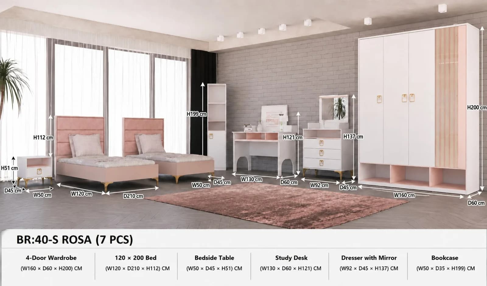 طقم غرفة نوم أطفال روزا - الموديل: BR-40-S (7 قطع)